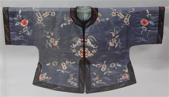 A Chinese purple satin womans jacket, early 20th century, length 65cm, removable perspex case